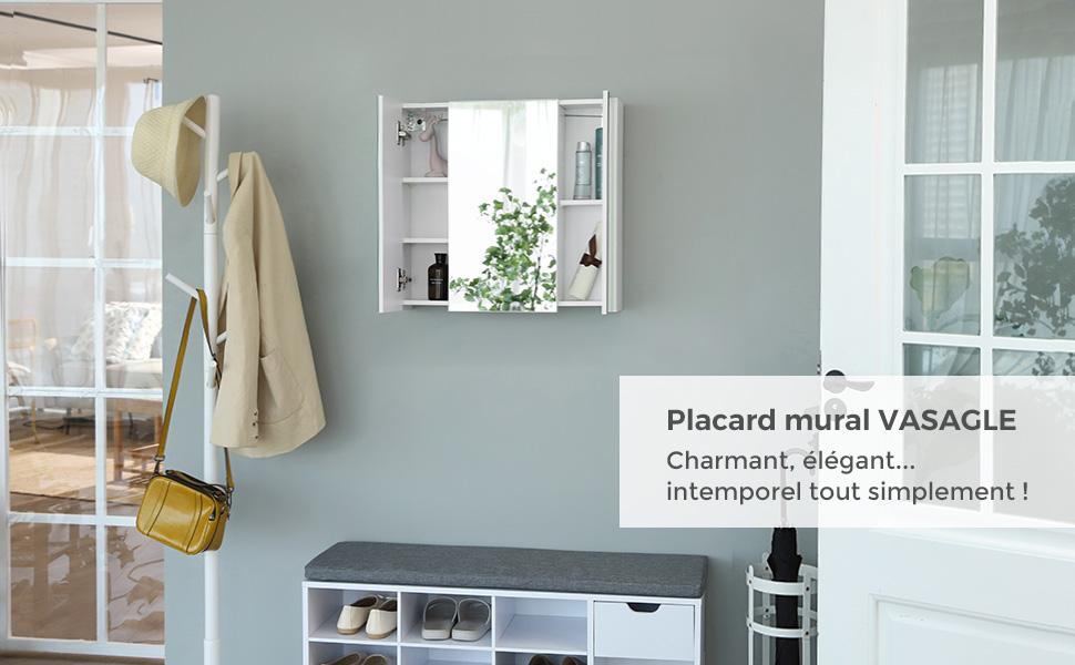 VASAGLE Armoire Murale Salle De Bain, Placard Avec Miroir, Meuble De Rangement 3 Portes, 60 X 15 X 55 Cm, Avec étagère Réglable, Moderne, Blanc Par SONGMICS BBK22WT 12 1