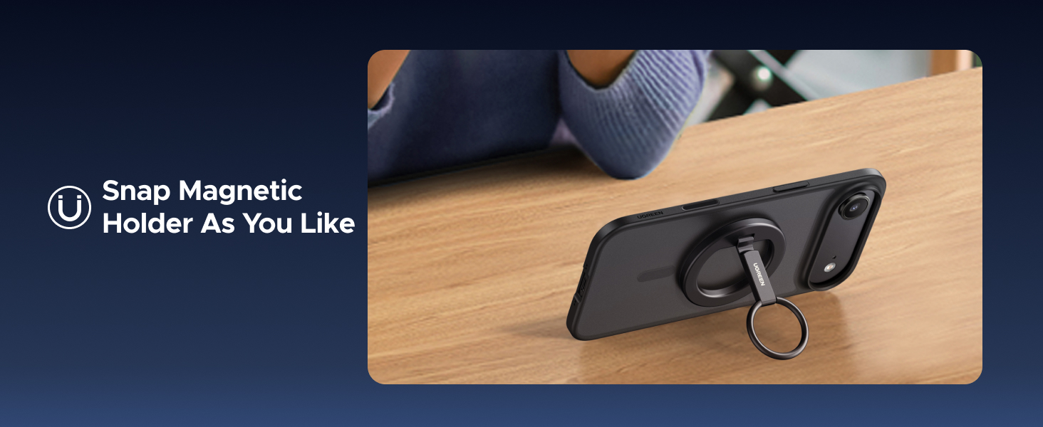 Text reads 'Snap Magnetic Holder As You Like'. Wooden phone holder demonstration showing magnetic mounting capabilities from multiple angles.