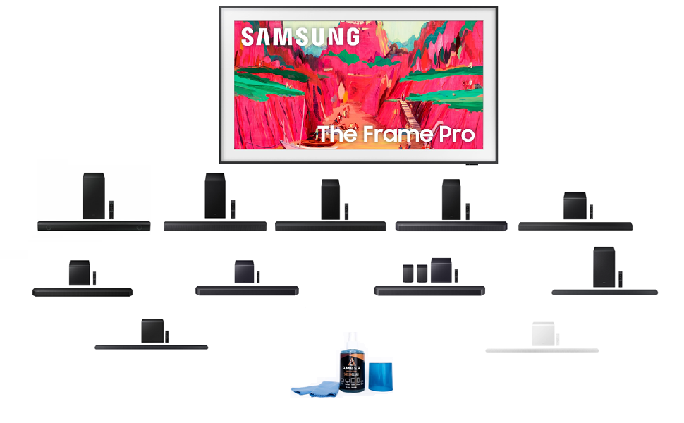 Samsung The Frame Pro TV with Samsung Soundbar and Amber Screen Cleaner