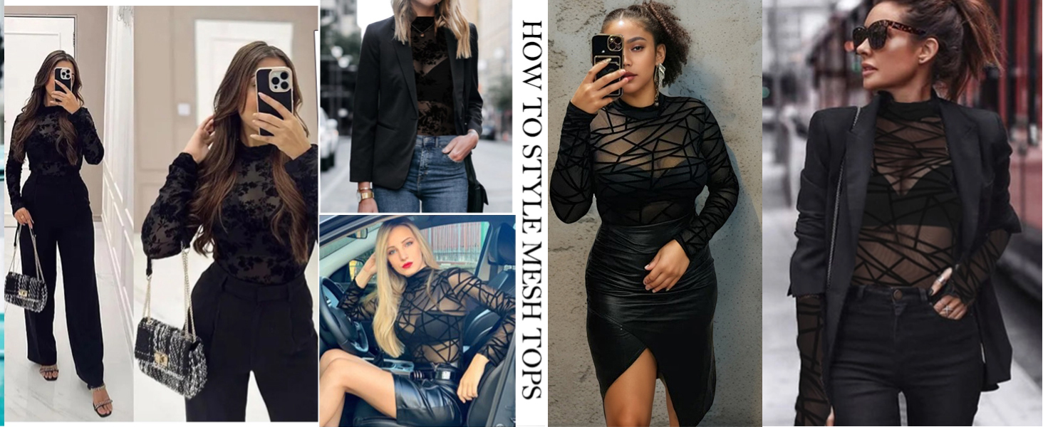 Floral Mesh Long Sleeve Tops for Women Mock Neck See Through Fitted Sexy Going Out Top 30 Lace tops for women