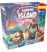 El texto dice «SOBREVIVE THE ISLAND». Caja de juego de mesa con una ilustración dramática de personajes que huyen de la erupción de un volcán en una isla tropical, con el indicador de la bandera española.