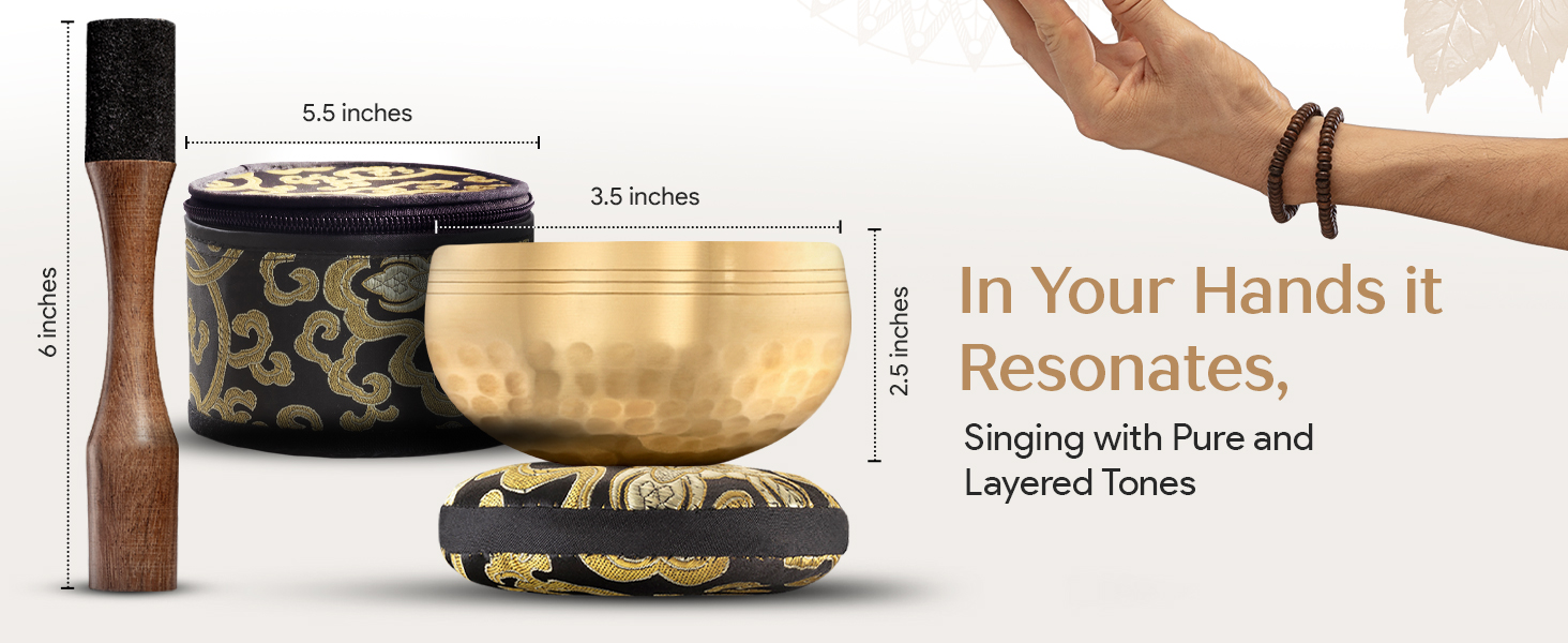 Brass Tibetan singing bowl showing size and handcrafted details