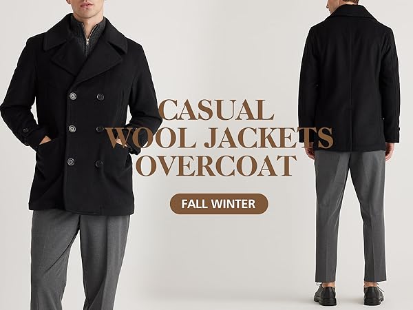 IDEALSANXUN Mens Pea Coat Casual Winter Wool Double Breasted