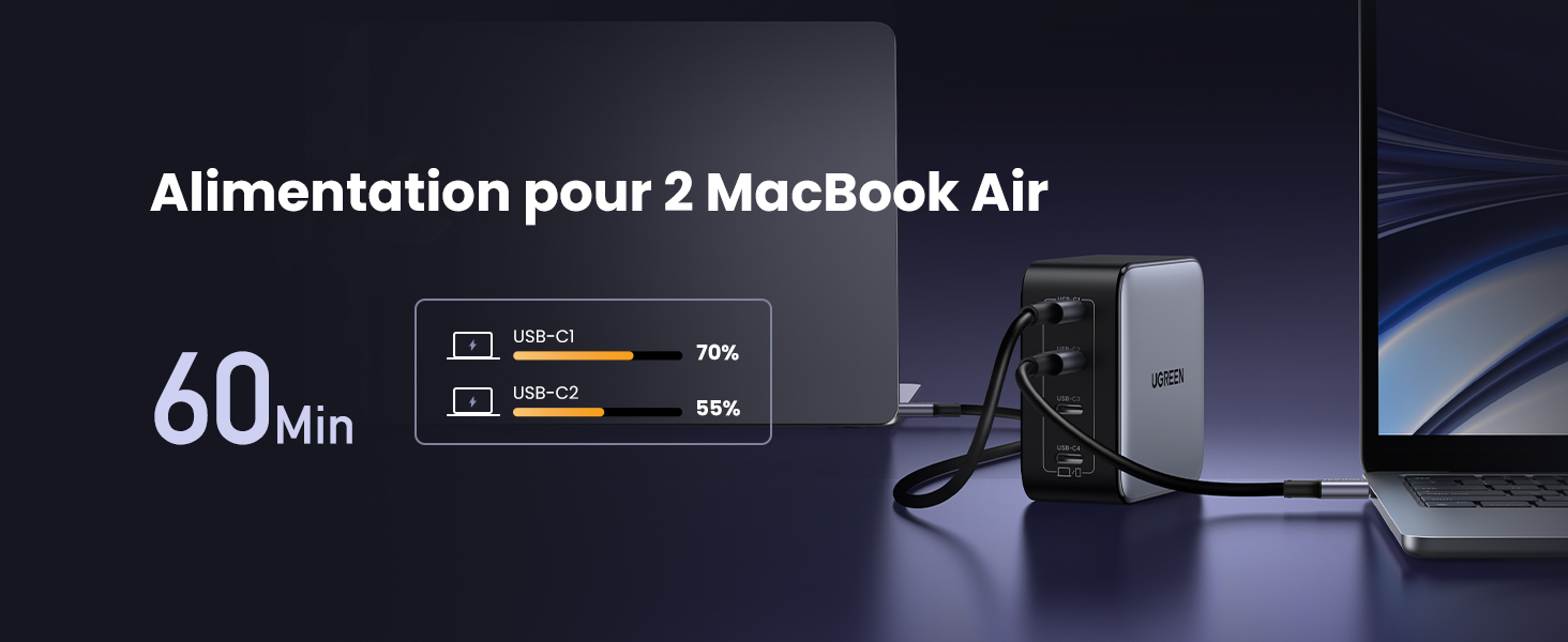 avec écran indiquant « 60 minutes » et la progression du chargement pour deux appareils MacBook Air. Chargeur de couleur foncée connecté à un ordinateur portable