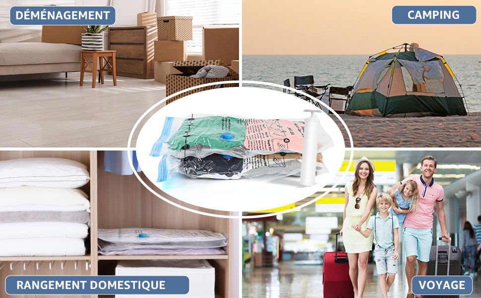 Le texte indique « RANGEMENT DOMESTIQUE » et « VOYAGE ». Image composite montrant diverses scènes d'organisation de la maison et de voyage.