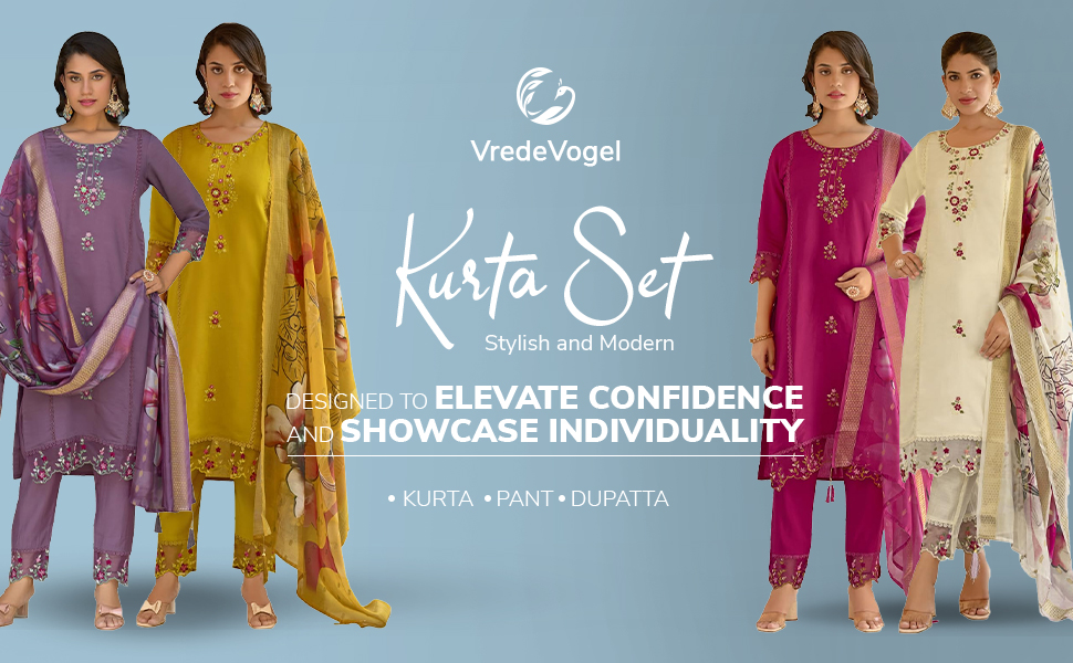 VredeVogel Women's Viscose Roman Silk Embroidered Kurta