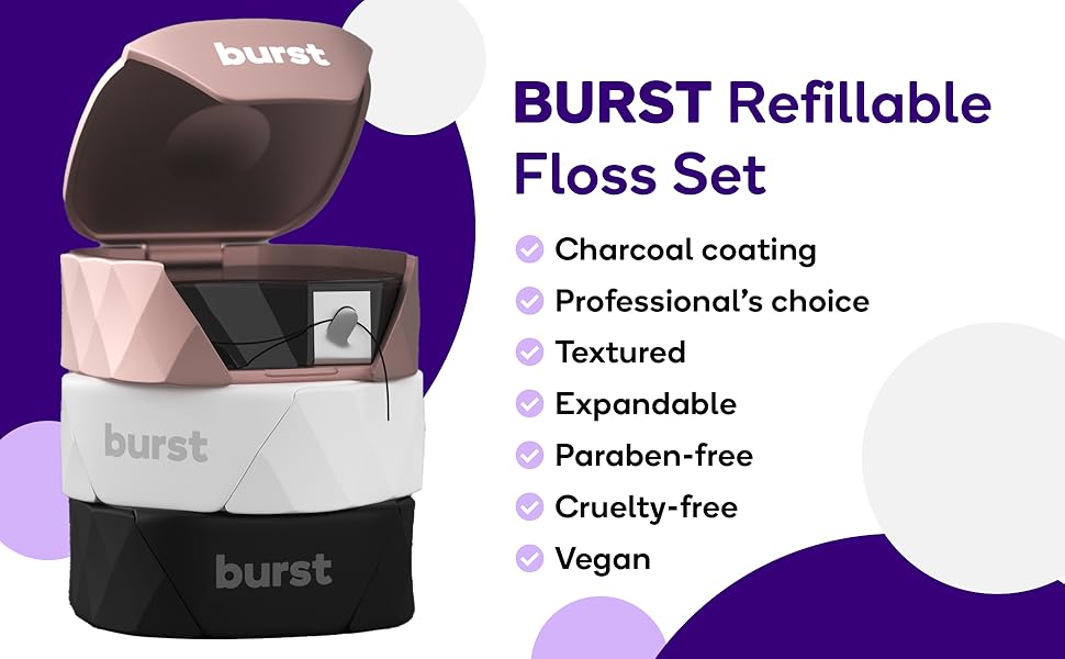 BURST Refillable Dental Floss Set with Juniper Berry Aroma, Vegan