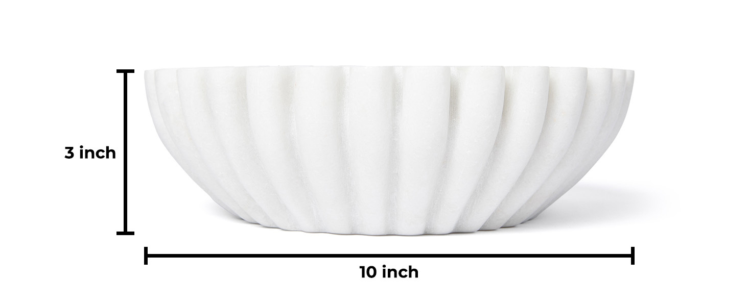 infographic showing size dimensions of the fluted marble bowl