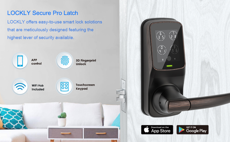 Lockly Secure Pro Latch, Smart WiFi Door Lock, Fingerprint Door Lock, Digital Door Lock with