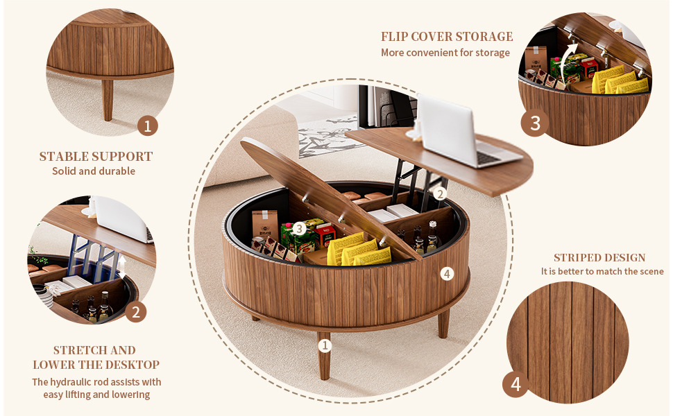 Round Fluted Lift Top Coffee Table with Storage
