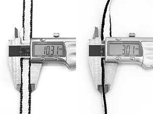 Digital caliper measuring two different diameters. Left measurement shows 10.37 units, right measurement shows 3.019 units. Precise tool for comparing object sizes.