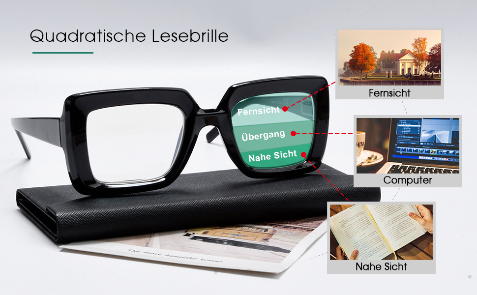 Progressive Multifokus Lesebrille, computer Brille für Damen großer Rahmen