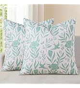 decorUhome Floral Throw Pillow Covers 18x18 Inch Set of 2, Aqua Vintage Block Print Linen Fall Pi...