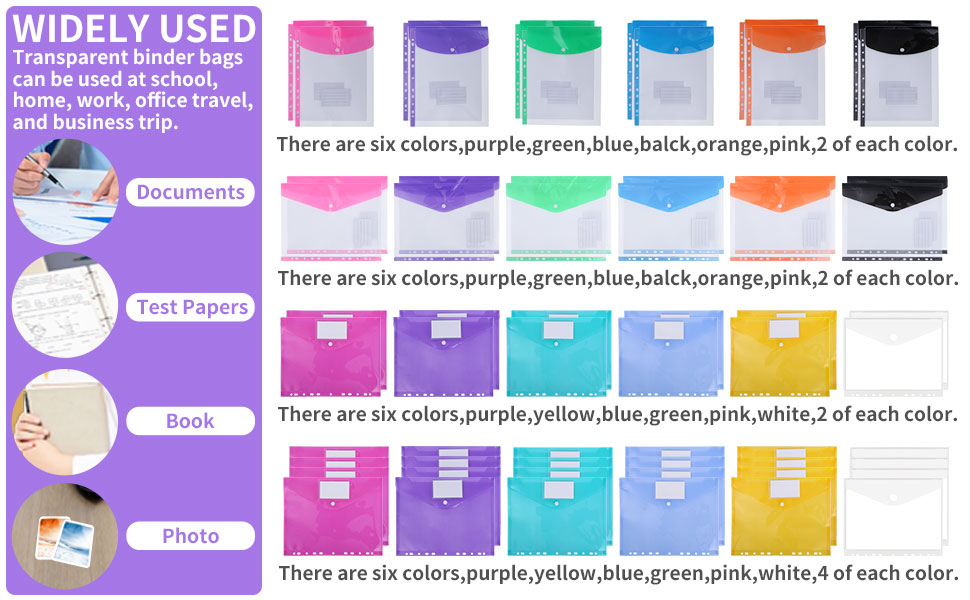 A4 Binder Pocket,ACAREU 12PCS Binder Organizer Snap Button Pouch with