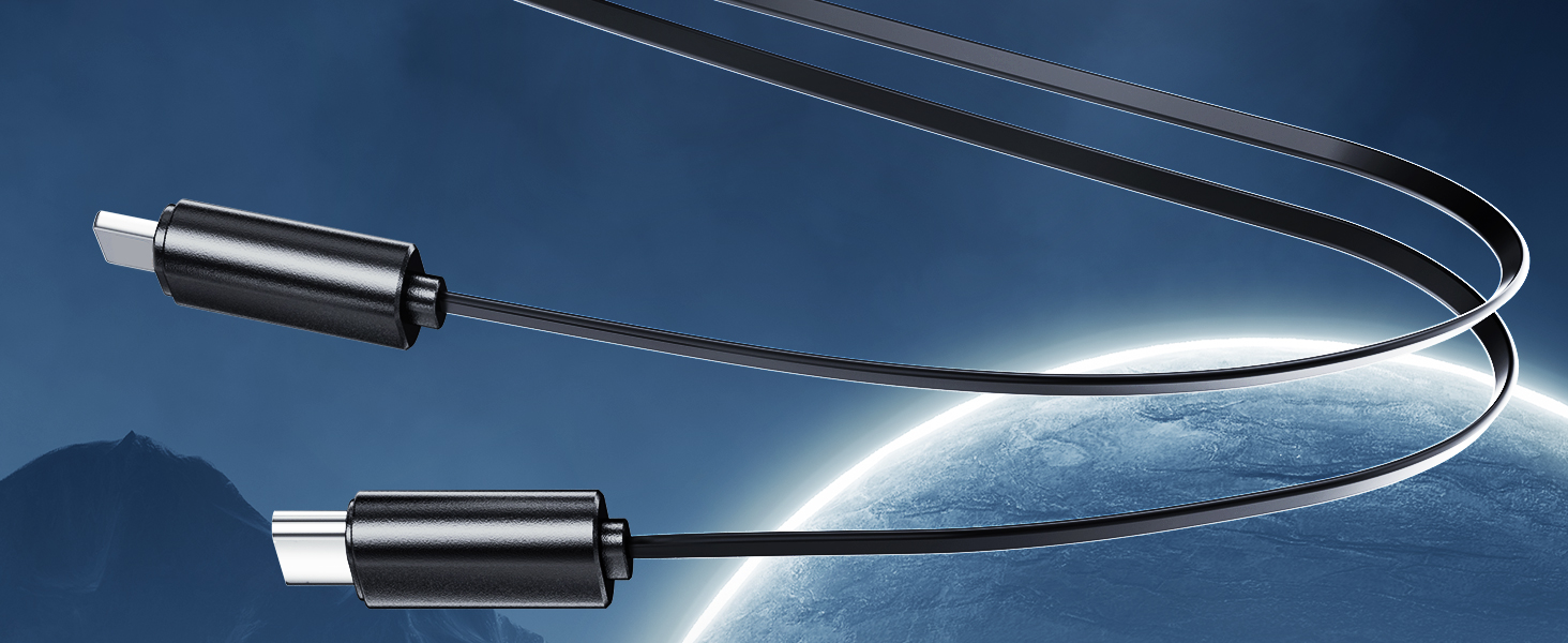 Black USB cable with metallic connectors against blue gradient background with mountain silhouette.