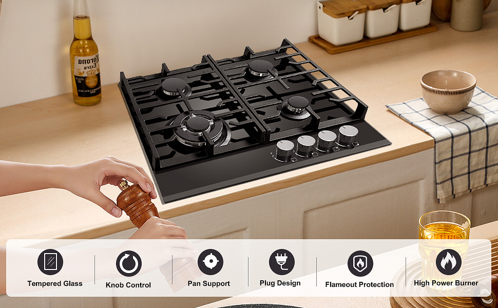 Gas Hob 4 burners, 60cm Black Glass Gas Hob, Built in Gas Cooktop with