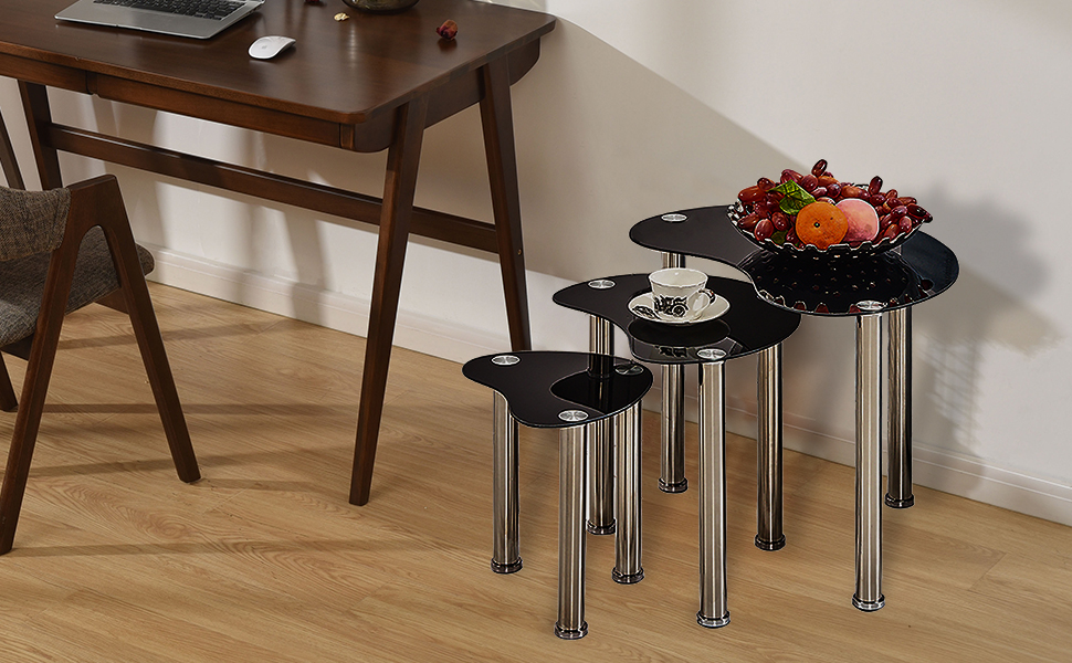 NICEME Glass Side Table, Glass Nest of Tables Set of 3, Rectangular End