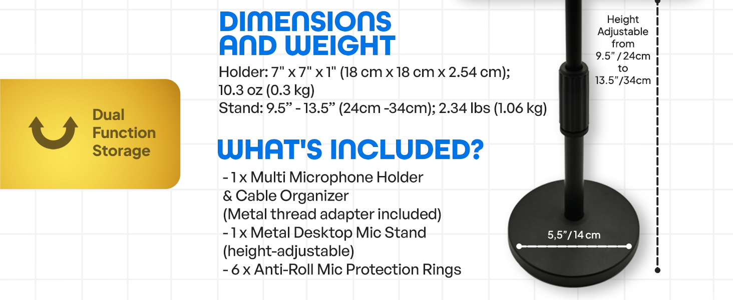 includes one multi microphone holder and cable organizer, one metal table stand and 6 mic rings