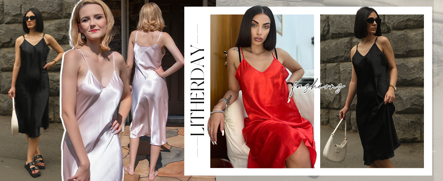 Litherday Women Silk Nightdress Lingerie Long Negligees Satin Chemise Nighty Nightwear Nightgown Full Slips Babydoll Sleepwear Strap Dress 14 626