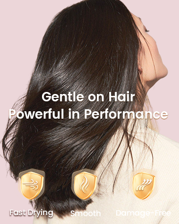 Long, dark, shiny hair cascading down with text overlay. Three gold shield icons below represent fast drying, smooth, and tangle-free hair benefits.