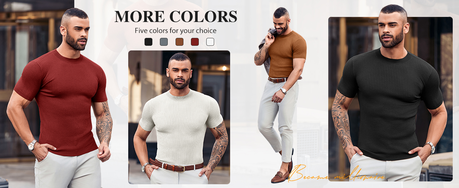 Mens Casual Slim Fit Basic Tops Short Sleeve Shirt Turtleneck T Shirts Rib Knitted Stretch Sweater