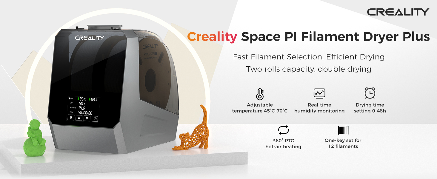 2025 New Creality Space PI Filament Dryer Plus Christmas Gifts, Dual-Spool 3D Printing Filament Dryer Box, Adjustable Temp 45℃-70℃, 360° Hot-Air & Real-Time Humidity Monitor, 12 Filament Presets 3 filament dryer box