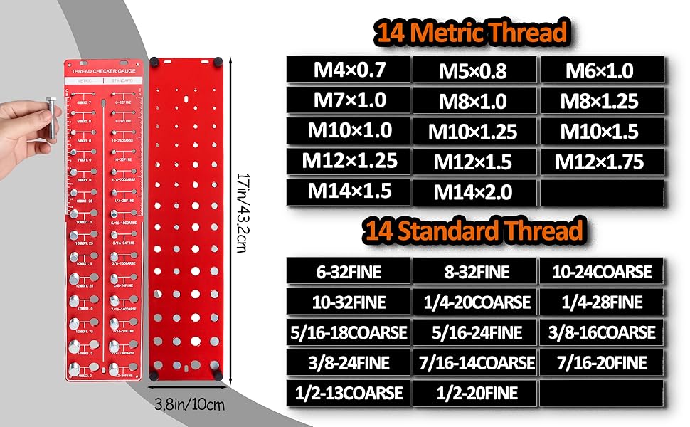 Nut and Bolt Thread Checker, 28 Thread Checker with Scale, 14 Metric & 14 Standard Carbon Steel