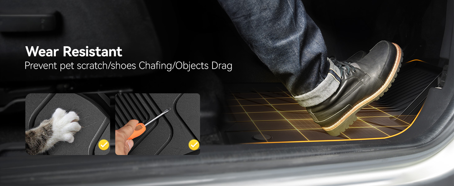 Text reads 'Wear Resistant'. Close-up of protective floor mat or covering with wear-resistant surface, showing shoe stepping on textured material.