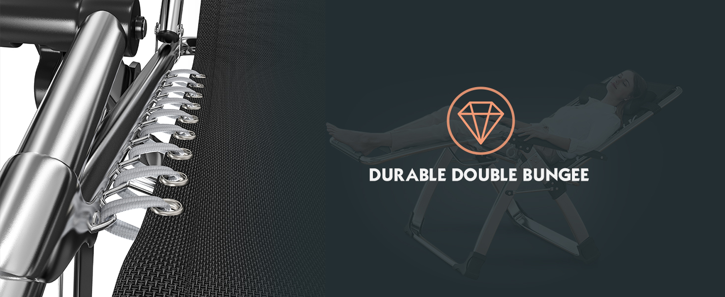 Close-up van een zilverkleurig mechanisch onderdeel met meerdere spiraalveren, gelabeld als 'Durable Double Bungee' met