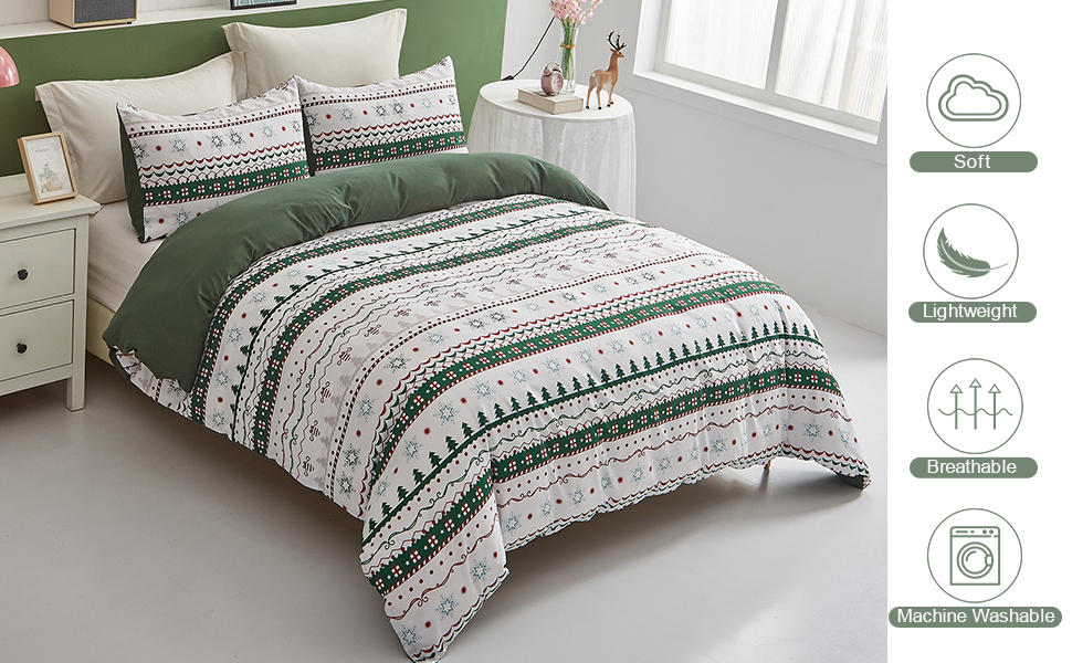 Christmas Duvet Cover Set Queen Size, Green White Striped Holiday