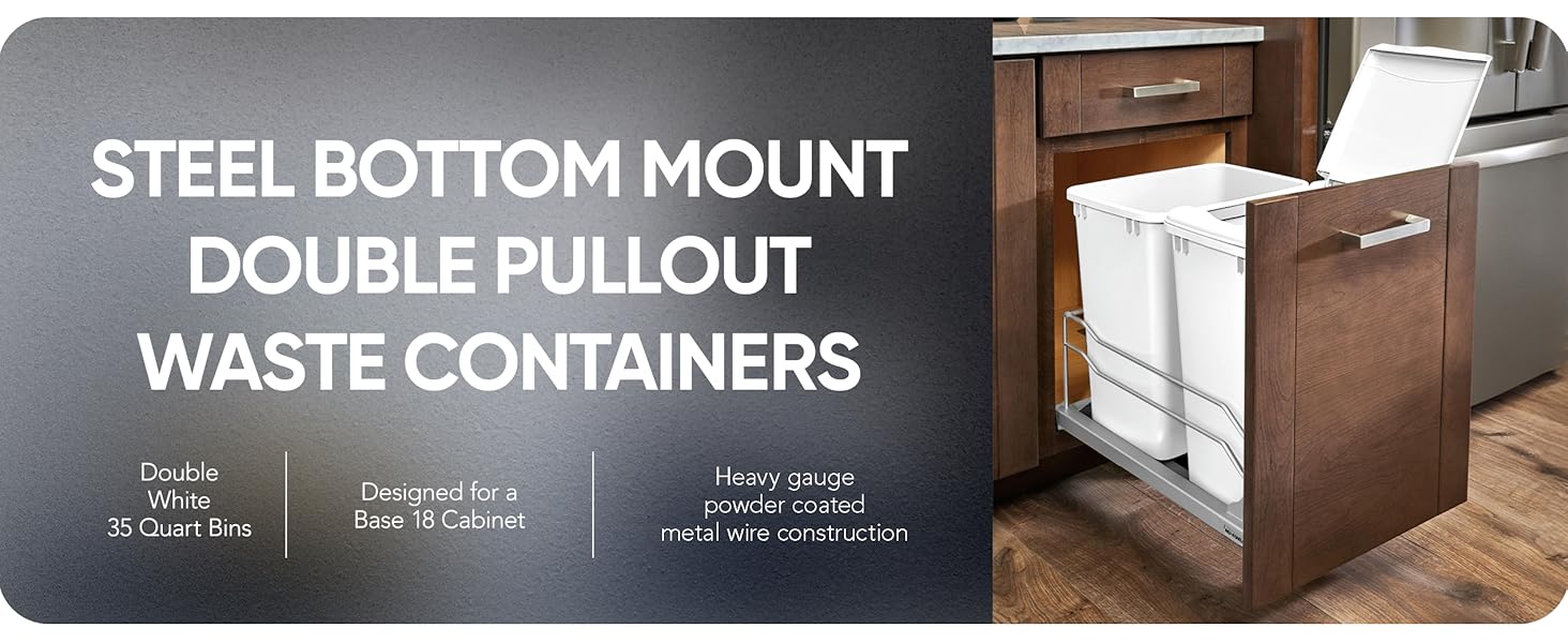 A pullout waste can underneath the counter. Text reads: Steel Bottom Mount Pullout Waste Container.
