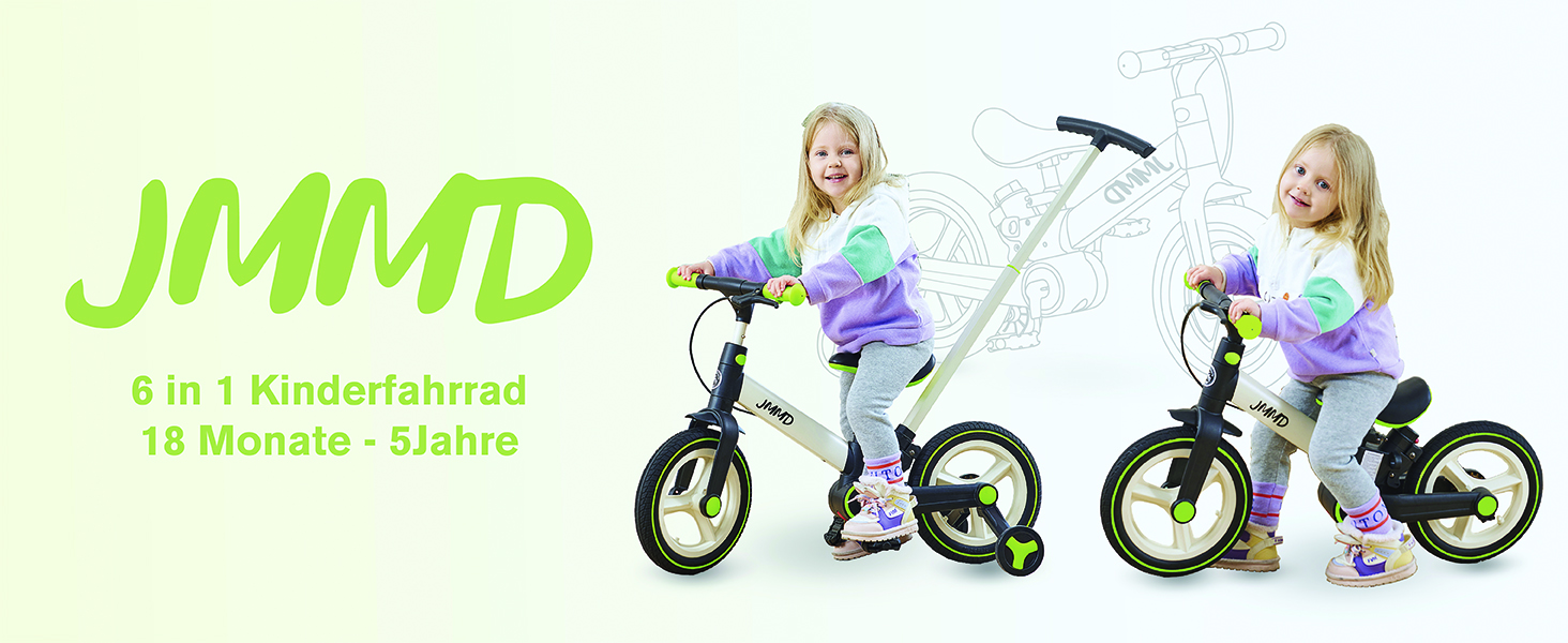 Die Produktdemonstration des JMMD-Laufrads zeigt ein konvertierbares 5-in-1-Kinderfahrrad in den Farben Limettengrün und Schwarz