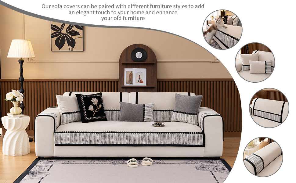 Modern gray sectional sofa shown from multiple angles in a living room setting, with close-up details of cushions and armrests.