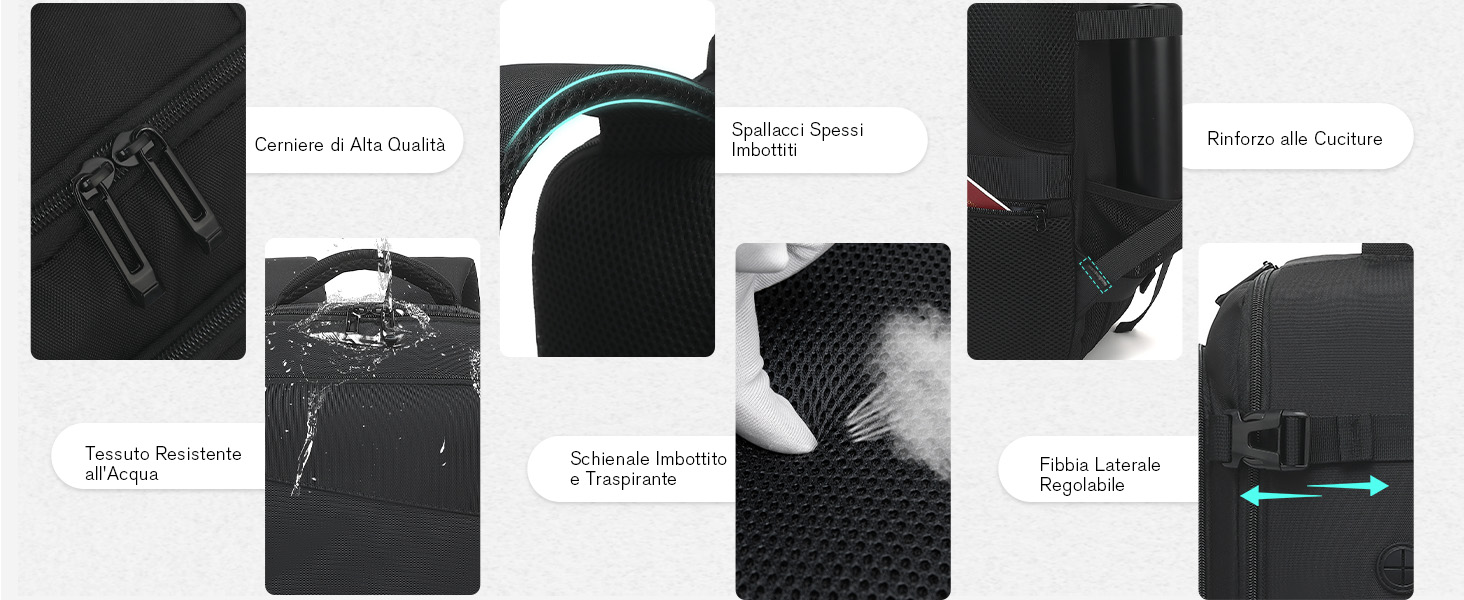 Collage di sei pannelli neri che mostrano le diverse caratteristiche di uno zaino, tra cui cerniere, cinghie, tasca in rete