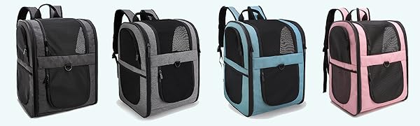 Dargestellt sind vier Haustiertragerucksäcke in verschiedenen Farben: Schwarz, Grau, Hellblau und Rosa. Jedes verfügt über Mesh-Einsätze und ein strukturiertes Design.
