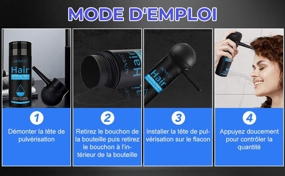 Guide pédagogique pour l'application des produits capillaires. Processus en quatre étapes montrant le flacon, la tête de l'applicateur et une démonstration d'utilisation sur cheveux bouclés. Schéma de couleurs bleu et noir.