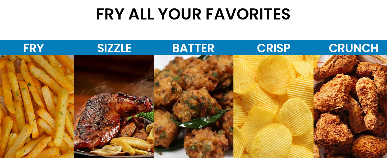 Pictures of 5 fried foods: French fries, chicken thighs, vegetable pakora, chips, chicken wings