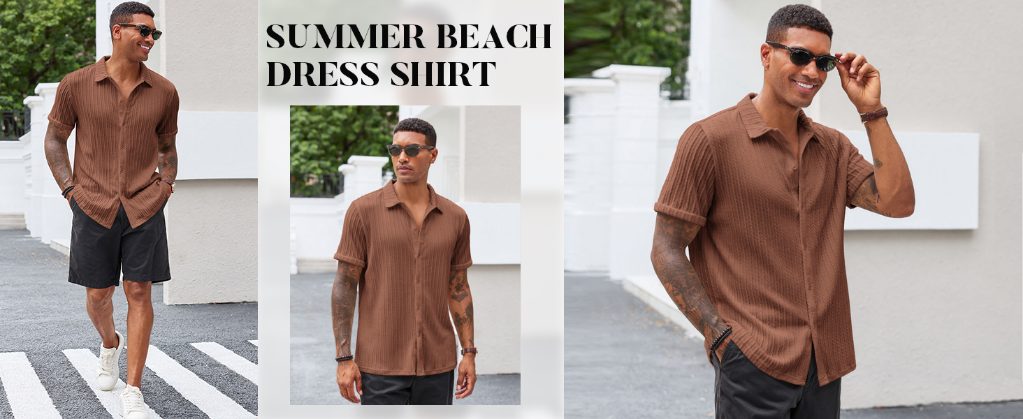 Runcati Men's Casual Button Down Shirts Short Sleeve Textured Shirt Summer Beach Tops
