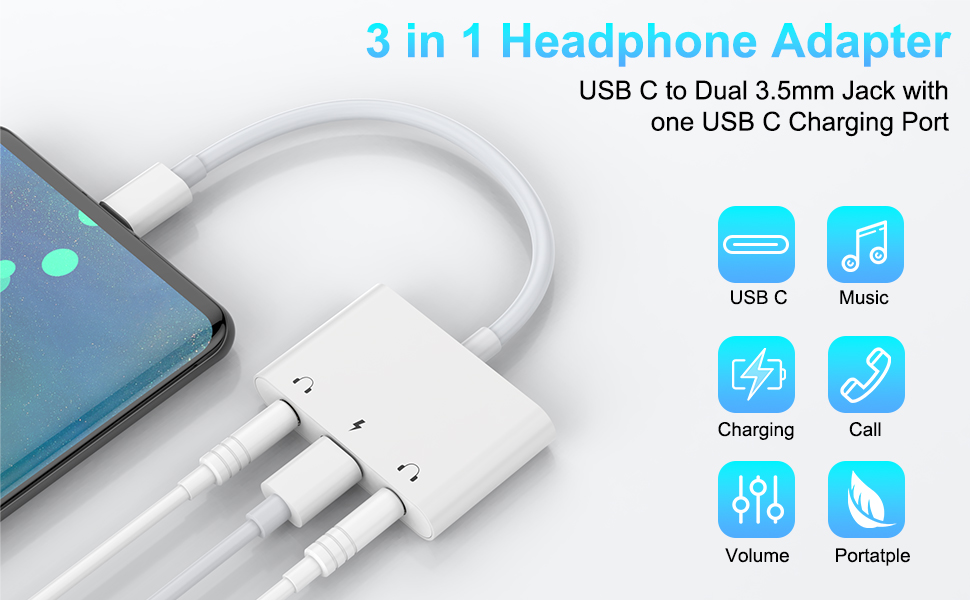 USB C to 3.5mm Audio Adapter, 3 in 1 Aux to USB C Headphone