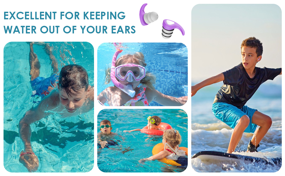 Swimming Ear Plugs for Kids, 3 Pairs Waterproof Reusable Silicone Swim Ear Plugs for Pool Bath