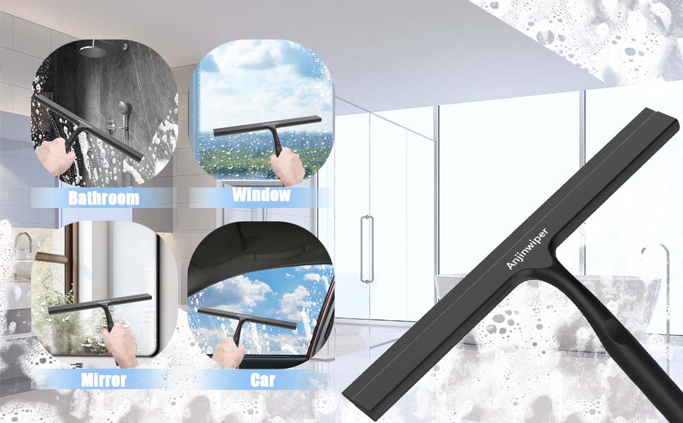 Schwarzer tragbarer Fensterwischer mit Gummiklinge Das zusammengesetzte Bild zeigt seine Verwendung auf Duschgläsern, Fenstern, Spiegeln und Autowindschutzscheiben zum Entfernen von Wasser und Seife