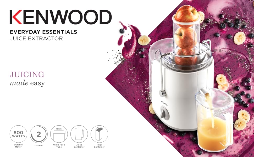 Kenwood Juicer 800W Juice Extractor with 75mm Wide Feed Tube, 2 Speed