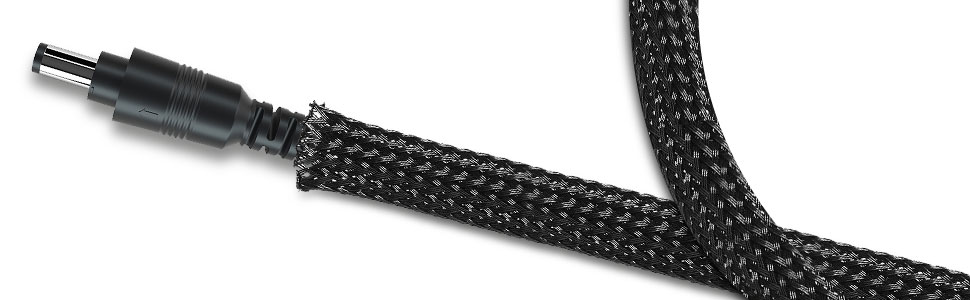 a close up of a black and white braided cord.