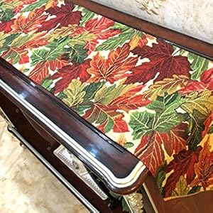 red, green, and orange autumn leaves fall foliage tapestry woven table runner