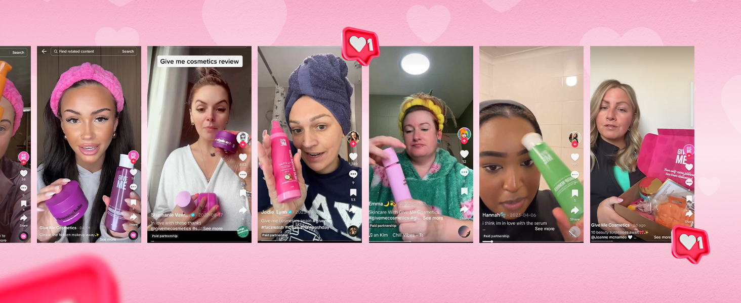 Series of mobile app interface screenshots showing product demonstrations with various people applying beauty or skincare products.