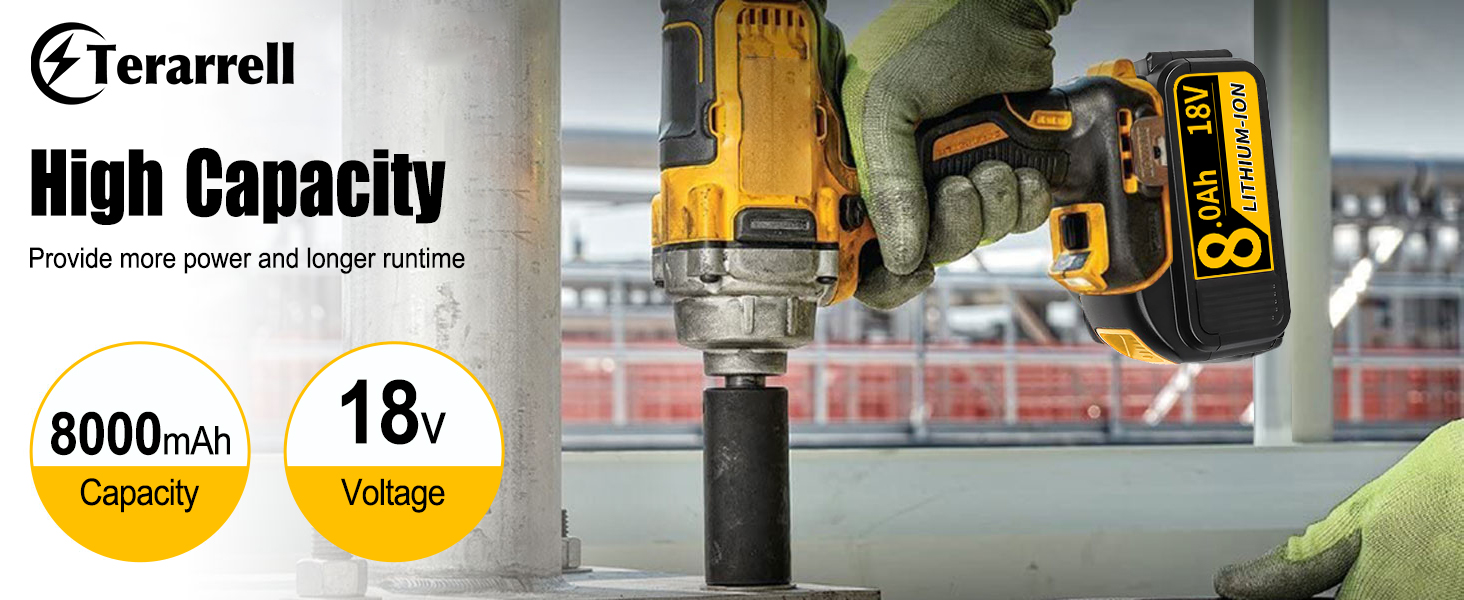 Power tool battery advertisement showing 18V high-capacity battery with 8000mAh capacity specification and Eterarrell branding.