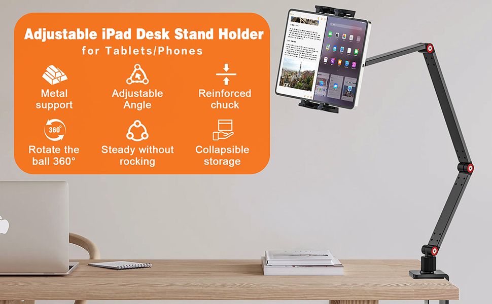 Table Tablet Stand Holder, Adjustble Long Arm Tablet Holder for Bed/Desk, 360