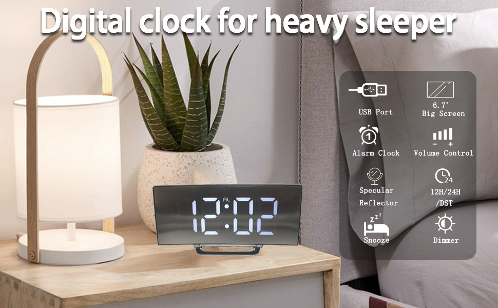 Digital Alarm Clock, LED Bedside Clock Mains Powered, Alarm Clock with
