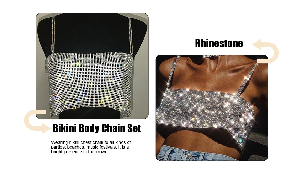 Jeweky Rhinestone Crop Top Sparkly Body Chain Silver Bra