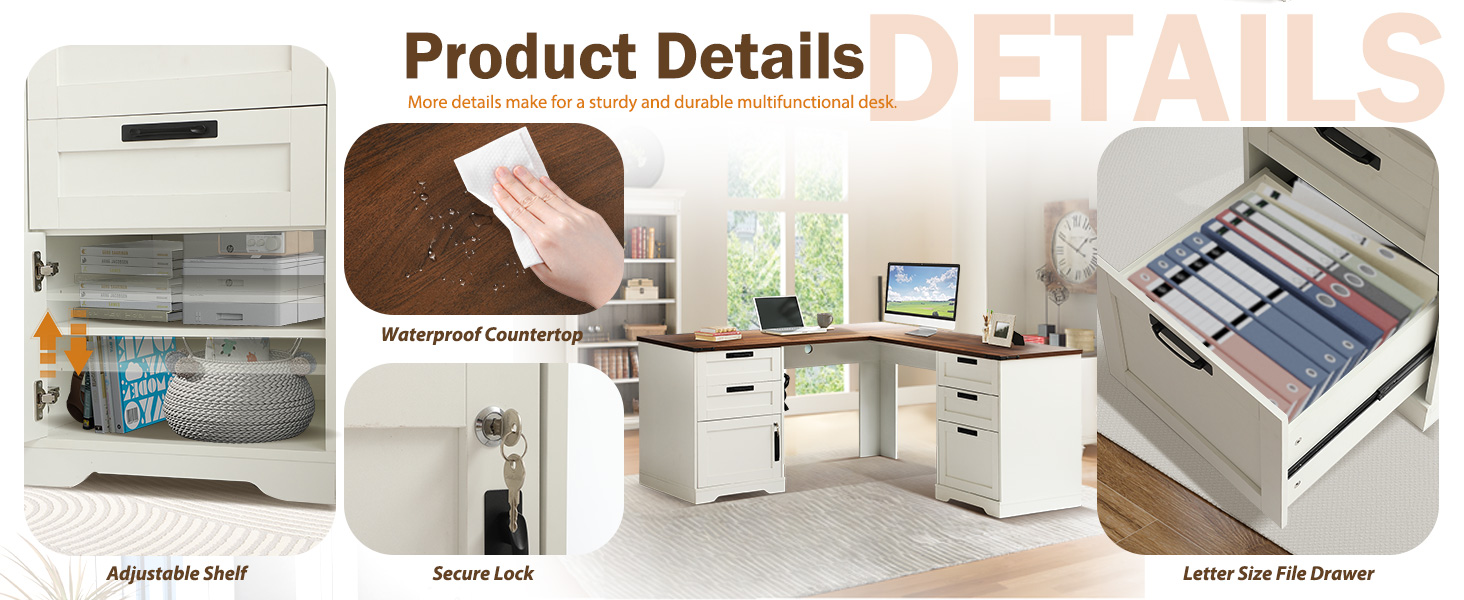 60&#34; L Shaped Executive Desk with Drawers, Farmhouse Home Office Desk with Charging Station